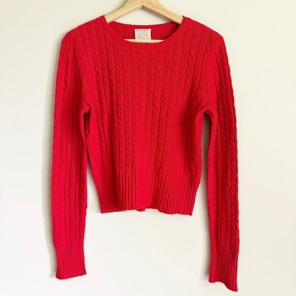 Calvin Klein Womens Cable Knit Cashmere Blend Sweater Size Small Red Cropped 90s